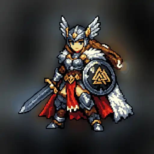 Pixel-art warrior Brynhildr carrying a sword and round shield